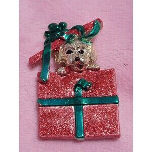 Vintage signed rare CAJC puppy christmas present Brooch Pin enameled red green
